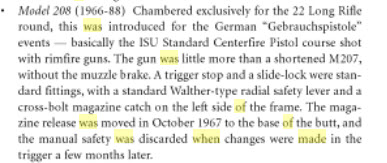 Found this interesting excerpt from &amp;quot;Pistols Of The World on Google Books:<br /><br />http://books.google.com/books?id=okQH6zFgDtUC&amp;amp;pg=PA151&amp;amp;lpg=PA151&amp;amp;dq=%22hammerli+international%22+date+of+manufacture+when+was+it+made&amp;amp;source=bl&amp;amp;ots=MDHWLd